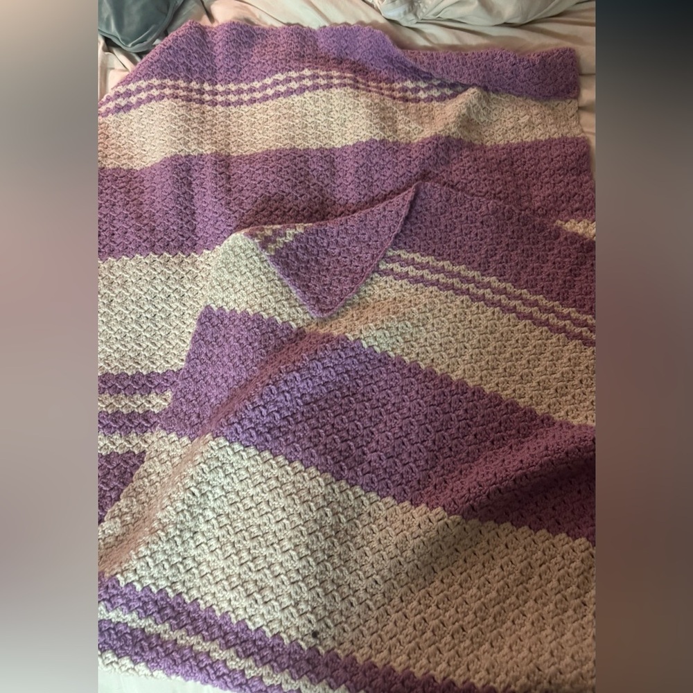 Handmade Cozy Purple and Cream Knitted Blanket